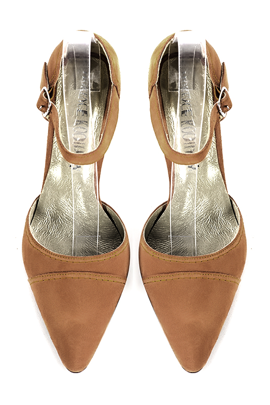 Camel beige women's open side shoes, with an instep strap. Tapered toe. Medium spool heels. Top view - Florence KOOIJMAN